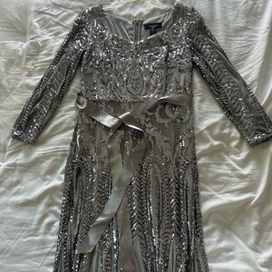 R&M Richards Silver Sequin Long Sleeve Gown